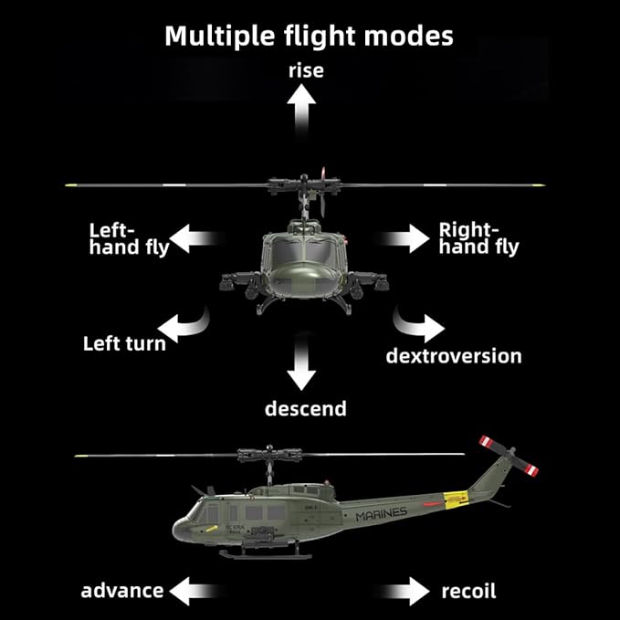 C032 UH-1 Huey RC Helicopter for Adults - 1/48 Scale 2.4G 6CH Flybarless Remote Control Helicopter Model 3D Stunt Flight &amp High-Precision RC Airplane (Yellow-Blue(3 Batteries))