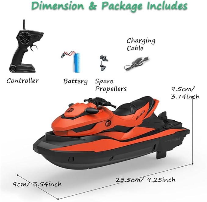 Miracland 2.4GHz Remote Control Jet Ski High Speed RC Motorboat Water Toy with Dual Propellers 2 Speed Levels 50 Meters Control Range (Orange)