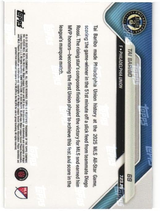 TAI BARIBO 2025 Topps Now Soccer #69 MLS All-Star Game MVP Rookie Card RC Philadelphia Union