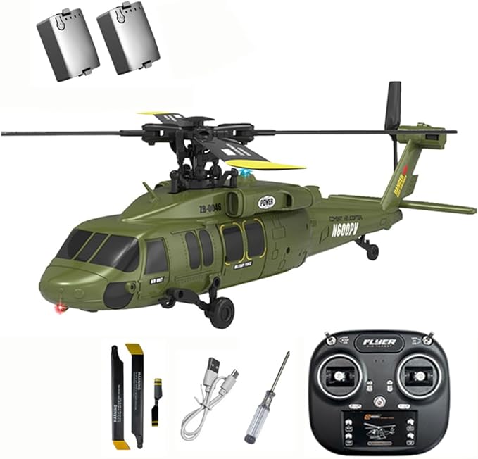Black-Hawk K200 Brushless RC Helicopter 2.4G 6CH 6-Axis Gyro Military Aircraft with Optical Flow Positioning Altitude Hold &amp Inverted Flight for Adults -2 Battery/RTF