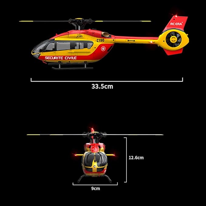 C190 Remote Control Helicopter for Adults 1:30 Scale H145 RC Helicopter 2.4G 6CH Single Propeller Aileron Free Optical Flow Positioning Six-axis Gyroscope Stabilization (Red Yellow(3 Batteries))