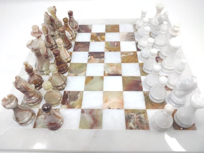 Large Handmade Full Chess Set Marble Chess Board 32 Chess Game Pieces Unique Home décor. Handcrafted Tournament Chess Board - 2 Players. (White Brown)