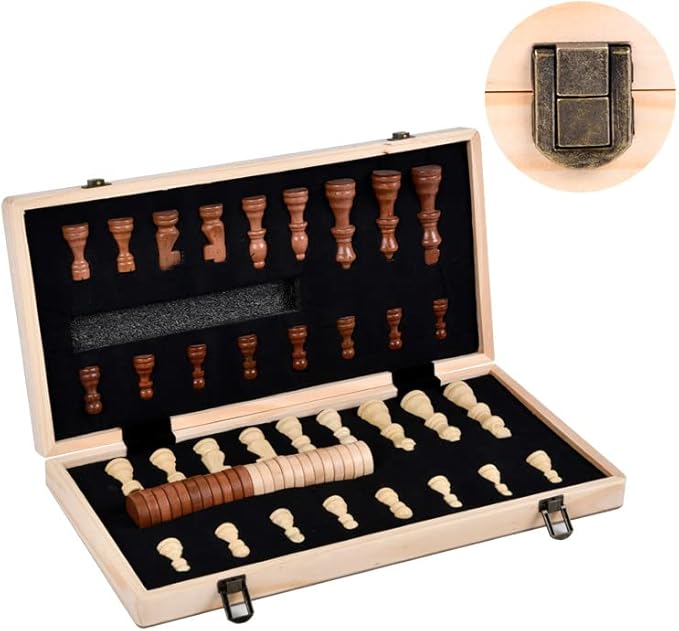 Wooden Chess and Checkers Set 2-in-1 – Folding Board with Storage Classic Staunton Chess Pieces and Checker Chips Portable Travel Game for Kids Adults Beginners and Family Fun
