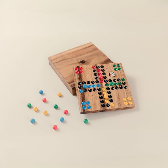 Premium Wooden Ludo Board Game – Handcrafted Travel-Size Game Set by SiamMandalay – 16 cm Compact Design with Dice &amp 16 Colorful Playing Pieces – Classic Strategy Game for Adults and Teenagers