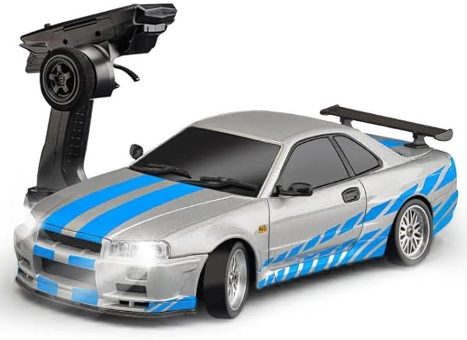 LD1899 1/18 Scale RC Drift Car GTR R34 2.4GHz RWD Mini Model Car with Gyro Alloy Body Shell Racing Cars for Adults Toys (Silver-Blue)