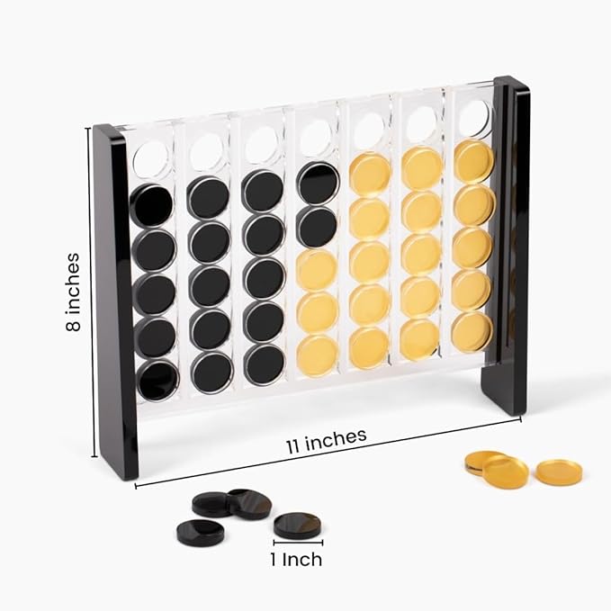Unique Four in a Row - Acrylic 4 in a Row Game - Board Game Decor - Coffee Table Game - 2 Player Family Game - Connect The Four Pieces - Classic Strategy Game (Black and Gold)