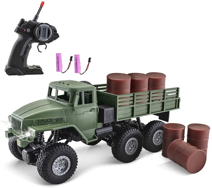 GoolRC RC Military Truck 1:16 Scale 6WD Remote Control Car 2.4GHz Off-Road RC Truck with LED Light and 2 Batteries All Terrain Army Transport Vehicle for Adults