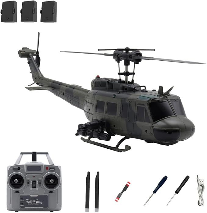C032 UH-1 Huey RC Helicopter 1/48 Scale 6-Channel Brushless Helicopter with Optical Flow Positioning One Click Inverted Flight &amp Gyro Stabilized 3D Stunt Military Aircraft Model for Adults