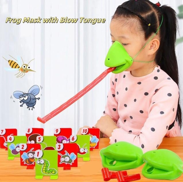 Tongue Shooting Game Frogtongue Game Frog Mask with Blow Tongue Multiplayer Party with Blow Tongue Mask and Blowing Air Insect Cardboard Included