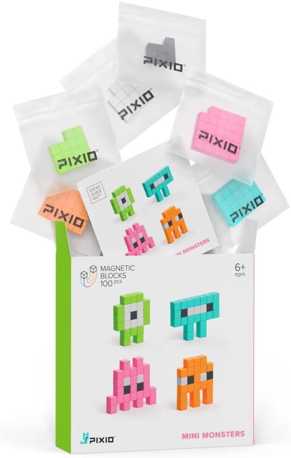 PIXIO Mini Monsters - Tiny Magnetic Blocks Building Toy in The Pixel Art Style with Free App - 5/16 Plastic Cubes with 6 Magnets Inside - Open Ended Toy - Creativity Toy for Ages 6+