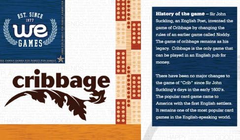 WE Games Deluxe Cribbage Set - Solid Walnut Wood Continuous 2 Track Board with Easy Grip Pegs Cards &amp Storage Bag