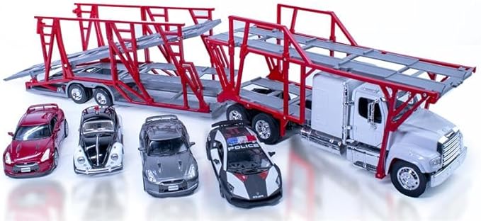 Shop72 Freightliner 114SD Auto Transporter Diecast Truck with 4 Assorted Cars Long Hauler Truck 1:32 Scale Semi Truck Toy with Trailer Gift for Truckers and Collectors