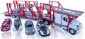 Shop72 Freightliner 114SD Auto Transporter Diecast Truck with 4 Assorted Cars Long Hauler Truck 1:32 Scale Semi Truck Toy with Trailer Gift for Truckers and Collectors
