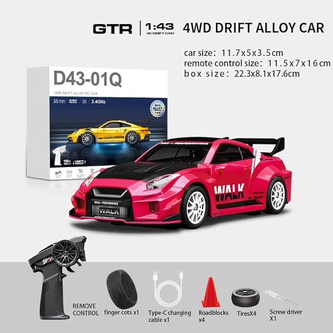 1/43 Scale RC Drift Car 2.4G Full Proportional 4WD Remote Control Car with Gyro Adjustable Speed &amp LED Lights Alloy RC Vehicle for Adult