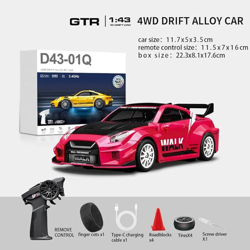 1/43 Scale RC Drift Car 2.4G Full Proportional 4WD Remote Control Car with Gyro Adjustable Speed &amp LED Lights Alloy RC Vehicle for Adult