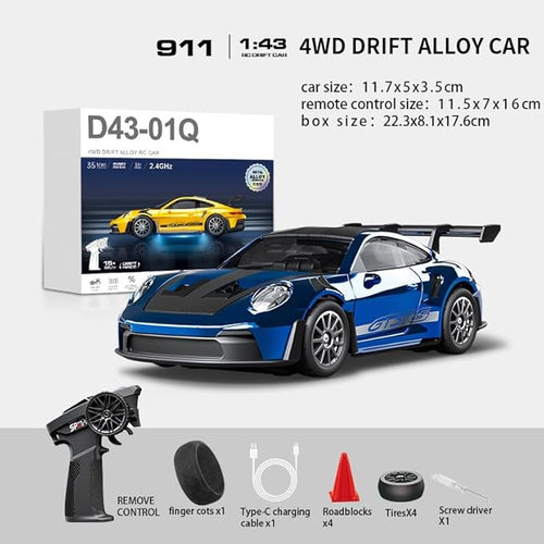 1/43 Scale RC Drift Car 2.4G Full Proportional 4WD Remote Control Car with Gyro Adjustable Speed &amp LED Lights Alloy RC Vehicle for Adult