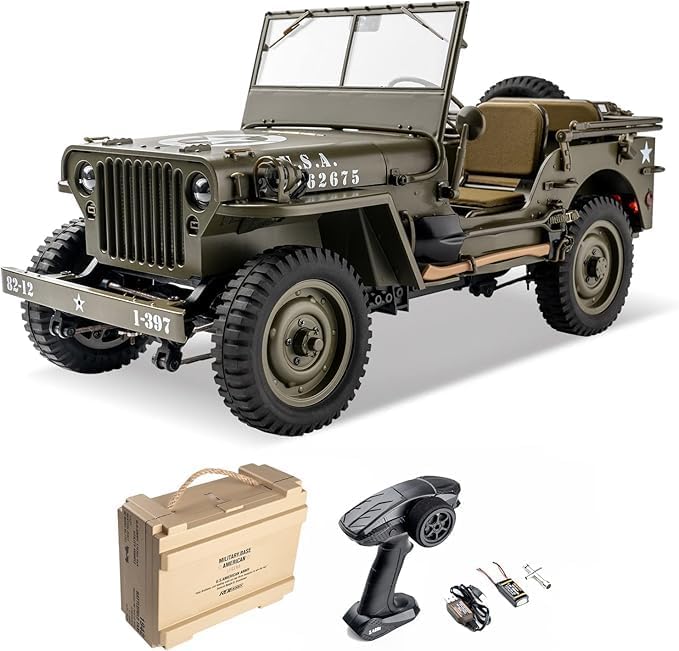 Rochobby FMS 1/12 1941 MB Scaler RC Jeep 4x4 Hobby Grade RTR RC Car Mini RC Rock Crawler Army Military 2.4Ghz RC Truck with LED Lights Battery and USB Charger for Adults