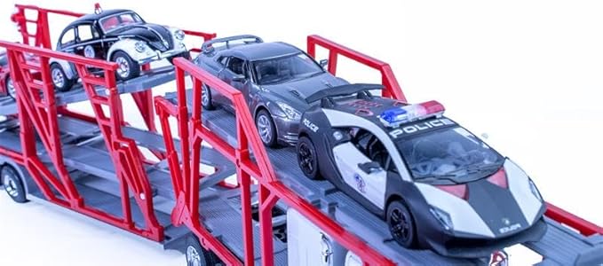 Shop72 Freightliner 114SD Auto Transporter Diecast Truck with 4 Assorted Cars Long Hauler Truck 1:32 Scale Semi Truck Toy with Trailer Gift for Truckers and Collectors