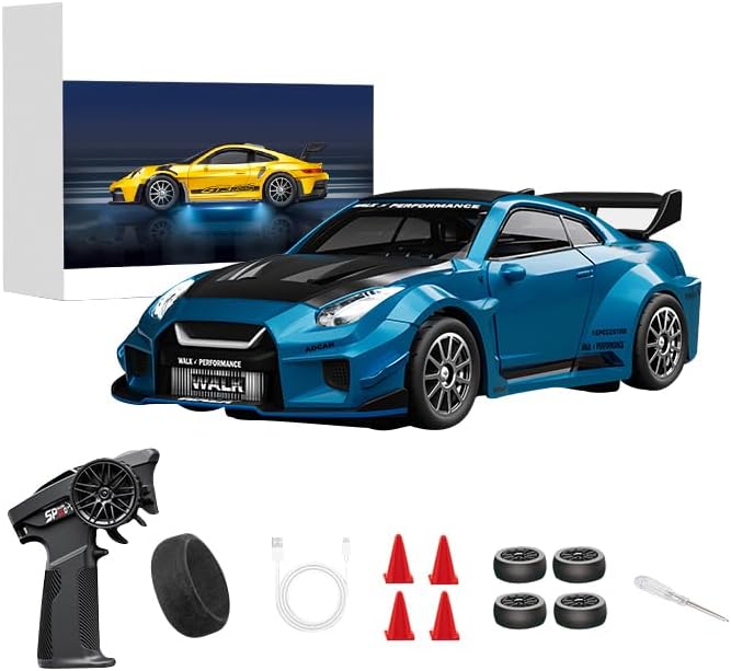 1/43 Scale Alloy RC Drift Car with Adjustable Gyroscope 2.4G 4WD 2 Driving Modes RC Racing Car with LED Lights Desk Racer Model for Hobbyist