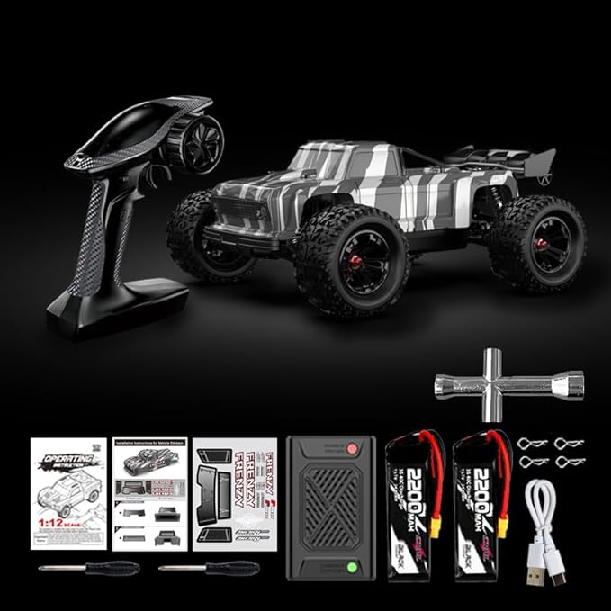1:12 4WD RC Monster Truck Brushless Motor 70+km/h High Speed Double 3S Li-Po Battery with Balance Charger Waterproof All-Terrain Hobby Grade Remote Control Car for Adults