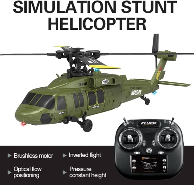 Black-Hawk K200 Brushless RC Helicopter 2.4G 6CH 6-Axis Gyro Military Aircraft with Optical Flow Positioning Altitude Hold &amp Inverted Flight for Adults -3 Battery/RTF