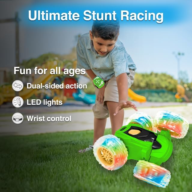 Contixo SC3A Toy Remote Control Car for Kids with Double-Sided 360° Rotating Stunt 4WD Off-Road RC Cars with LED Lights Birthday for Boys and Girls Ages 4 5 6 7 - Green