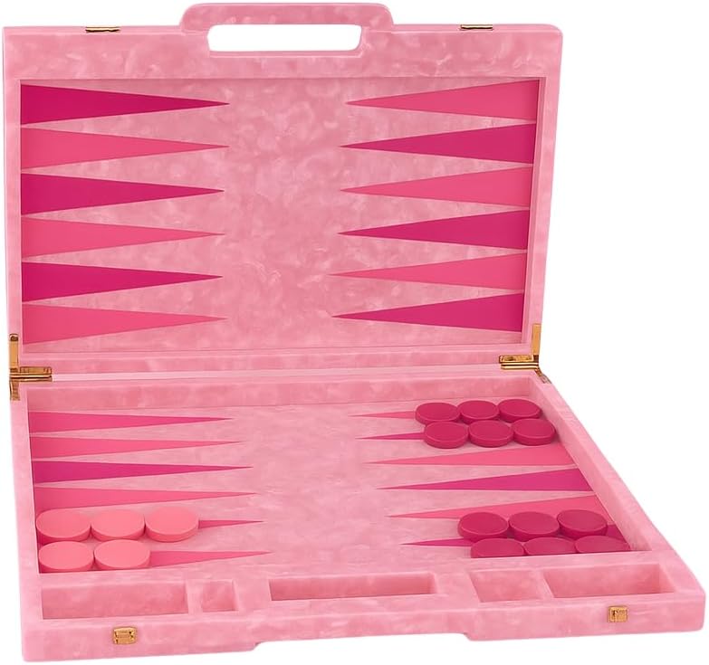 Luxury Backgammon Set Board Game with Dust Bag Marbled Pink with Gold Hardware Acrylic Material 14 Complete Game Pieces for Adults and Kids