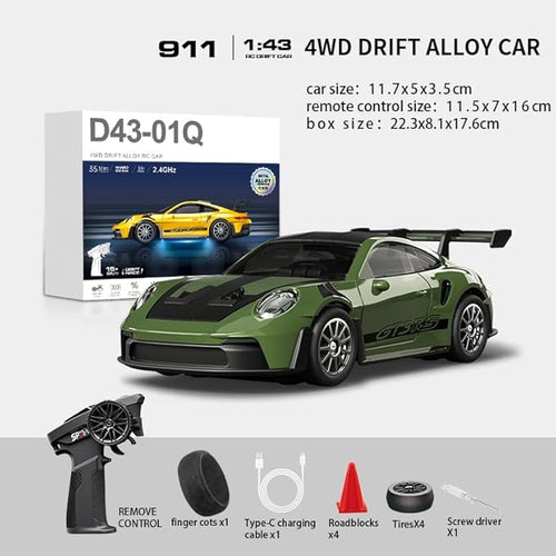 1:43 RC Drift Car 20KM/H with Gyro 2.4G 4WD Full Proportional Alloy Sport Racing Car Adjustable Speed LED Lighting for Teens &amp Adults-D43-01