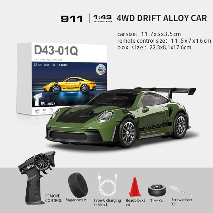 D43-01 1:43 Scale 2.4G Full Proportional 4WD Alloy RC Drift Car with Gyro System Silent Bearings Adjustable Speed &amp LED Lights for Adults High Speed Remote Control Racing Car