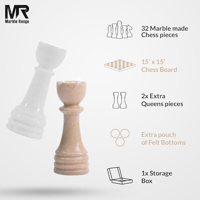 Marble Chess Set for Adults 15 Handmade White &amp Verona Board Game with 32 Chess Pieces 2 Extra Queens &amp Storage Box Luxury Travel Game – Elegant Home Décor