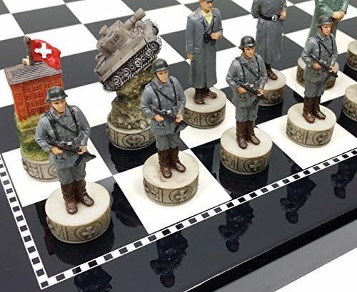HPL World War 2 US vs Germany Chess Set Hand Painted W/High Gloss Black &amp White Board WW2