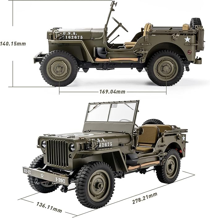 Rochobby FMS 1/12 1941 MB Scaler RC Jeep 4x4 Hobby Grade RTR RC Car Mini RC Rock Crawler Army Military 2.4Ghz RC Truck with LED Lights Battery and USB Charger for Adults