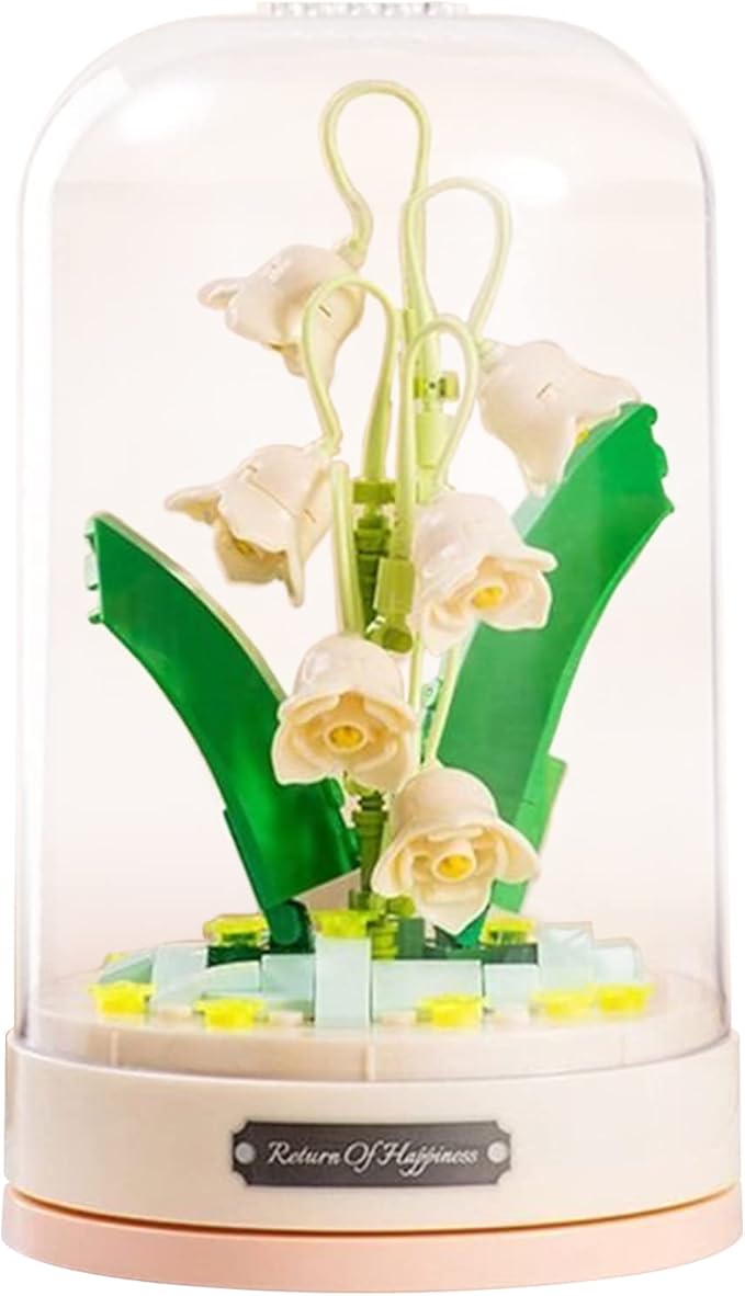 Building Blocks Flowers Bouquet Set with Music Box and Dust-Proof DomeArtificial Particle Flower Collection Construction Building Bricks ToyHome Decor (Lily of The Valley)
