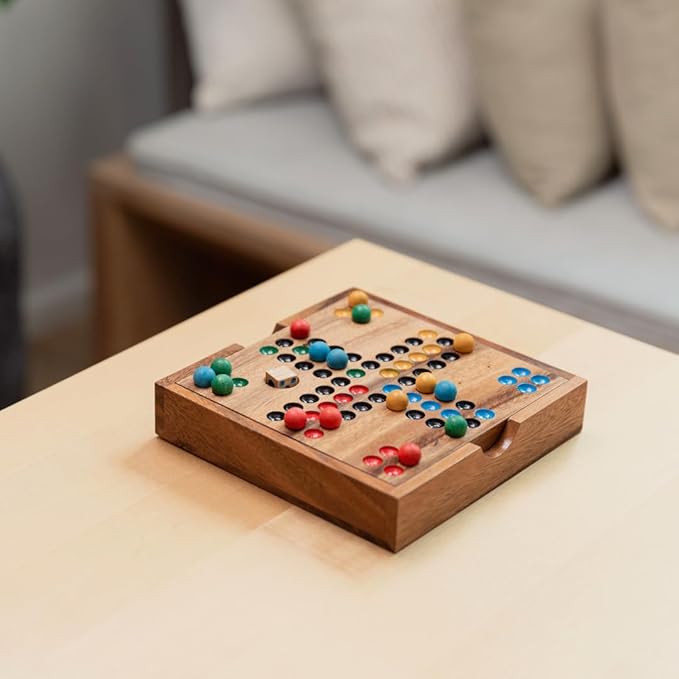 Premium Wooden Ludo Board Game – Handcrafted Travel-Size Game Set by SiamMandalay – 16 cm Compact Design with Dice &amp 16 Colorful Playing Pieces – Classic Strategy Game for Adults and Teenagers