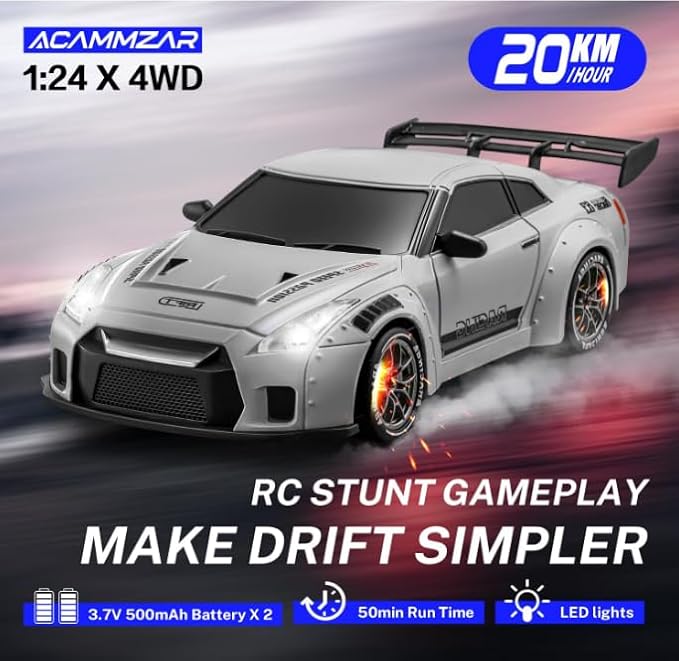 RC Drift Car 1:24 Scale Remote Control Vehicle with LED Lights 2.4GHz 20KM/H 4WD High Speed RC Cars Drifting Tires＆Two Batteries. (GTR-Gray)