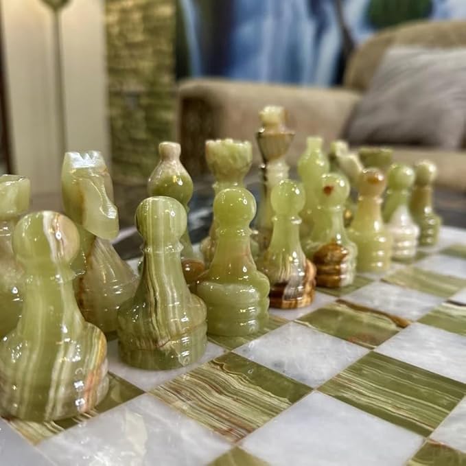 Large Handmade Full Chess Set Marble Chess Board 32 Chess Game Pieces Unique Home décor. Handcrafted Tournament Chess Board - 2 Players. (White Green)