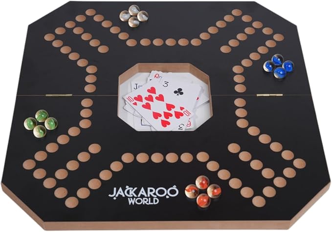 Jackaroo Board Game 2-4 Player Cards and Marbles Board Game Solid Wooden Game with 16 Glass Marbles and 52 Cards Marble Strategy Game Jokers and Marbles Game Foldable Board with Carry Bag (Black)