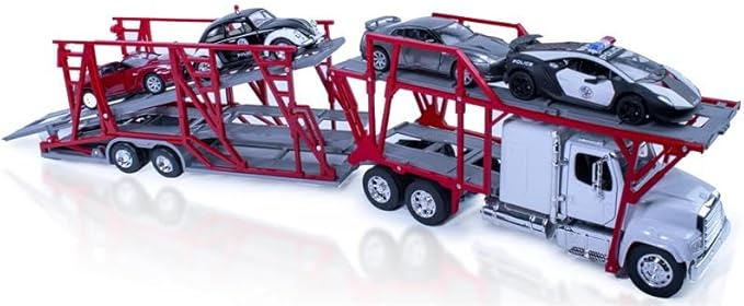 Shop72 Freightliner 114SD Auto Transporter Diecast Truck with 4 Assorted Cars Long Hauler Truck 1:32 Scale Semi Truck Toy with Trailer Gift for Truckers and Collectors