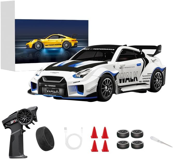 1/43 Scale Alloy RC Drift Car with Adjustable Gyroscope 2.4G 4WD 2 Driving Modes RC Racing Car with LED Lights Desk Racer Model for Hobbyist
