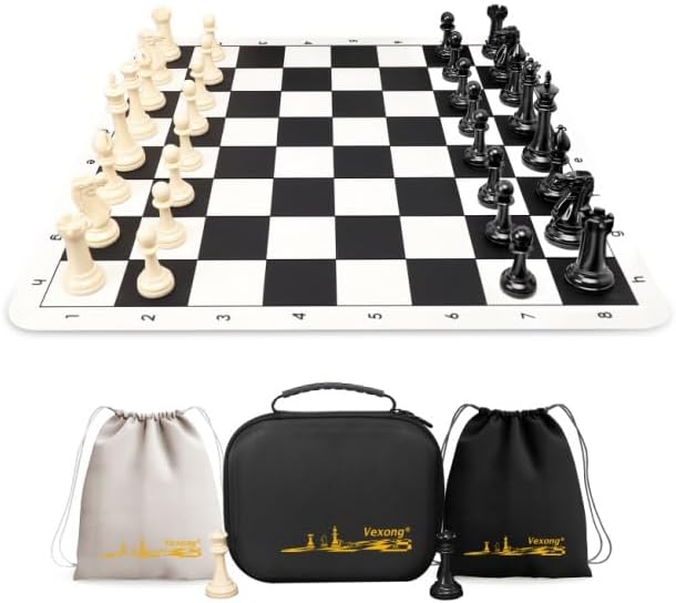 Tournament 20-inch Silicone Chess Board with 3.5 King Quadruple Weighted Pieces 2 Extra Queens &amp Dust Brush for Easy Care. Professional Portable Chess Set in Storage Bag