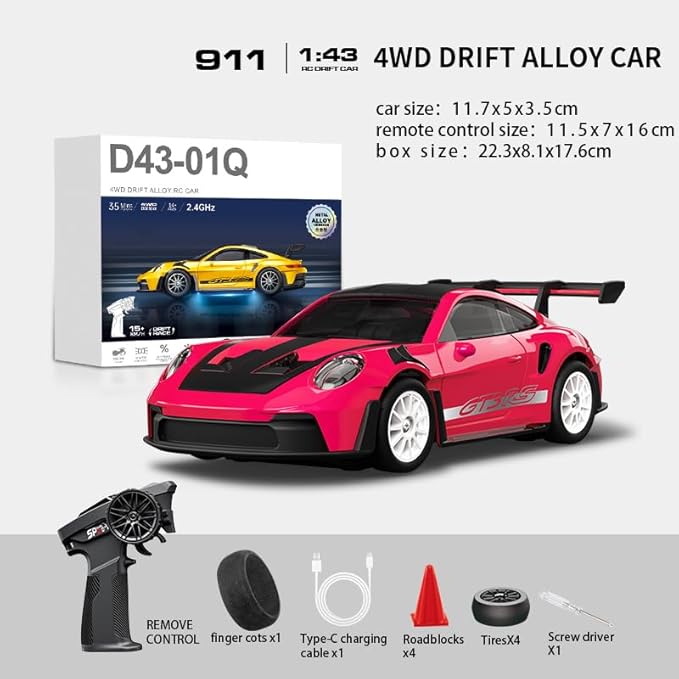 1:43 RC Drift Car 20KM/H with Gyro 2.4G 4WD Full Proportional Alloy Sport Racing Car Adjustable Speed LED Lighting for Teens &amp Adults-D43-01