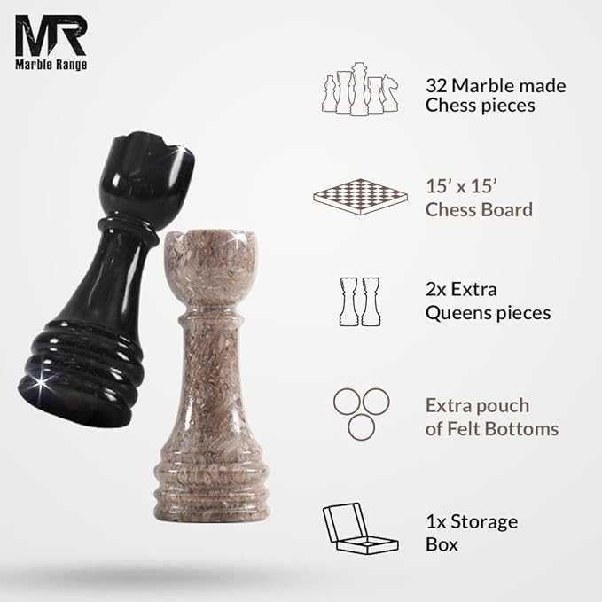 Marble Chess Set for Adults 15 Handmade Black &amp Oceanic Board Game with 32 Chess Pieces 2 Extra Queens &amp Storage Box Luxury Travel Game – Elegant Home Décor
