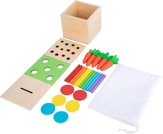 Adena Montessori 3 in 1 Wooden Montessori Play Kit Baby ToysIncludes Matchstick Color Drop GameCarrot Harvest Game and Coin BoxLearning Toy for Kid 123 Year OldGirl Boy Gift for Baby 6-12 Month