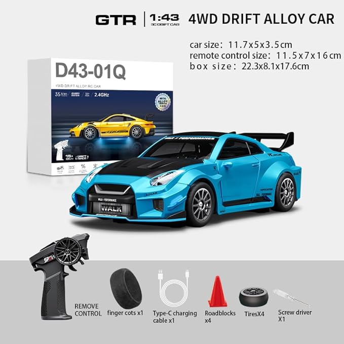 D43-02 1:43 Scale 2.4G Full Proportional 4WD Alloy RC Drift Car with Gyro System Silent Bearings Adjustable Speed &amp LED Lights for Adults High Speed Remote Control Racing Car