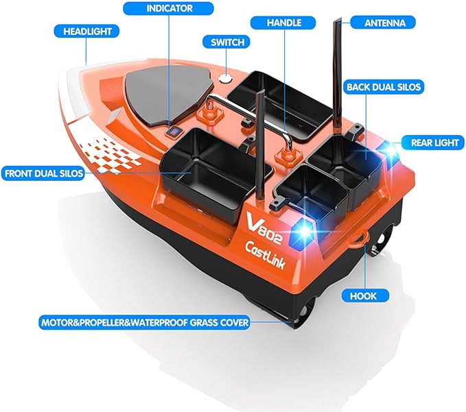 RC Bait Boat for Fishing with 4 Bait Containers 1640FT Remote Range Line Drop Cruise Control Dual 5200mAh Batteries LED Lights Hook Release &amp Carry Bag (Orange)