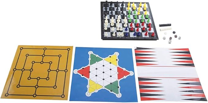 LEXiBOOK 8-in-1 Games Set Chess Checkers Backgammon Chinese Checkers Nine Men's Morris Snakes &amp Ladders Goose Ludo 2-6 Players Ages 6+