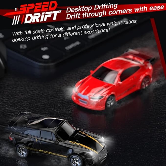 1/64 Scale 2.4G High Speed Drift RC Car Remote Control Drift 4WD Mini Lights System Desktop Drift Car for Adults (Red)