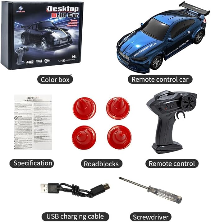 KF20 1:64 Scale Mini Drift RC Car with Full Proportional RTR 2.4GHZ Remote Control for Desktop Racing (Blue)
