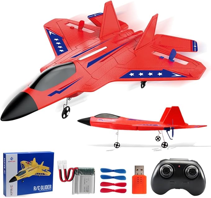 Fremego F-22 Raptor RC Plane 2.4GHz RC Airplane Fighter Toy Ready to Fly Remote Control Airplane Easy to Fly RC Glider Sports for Kids &amp Beginners (Red)