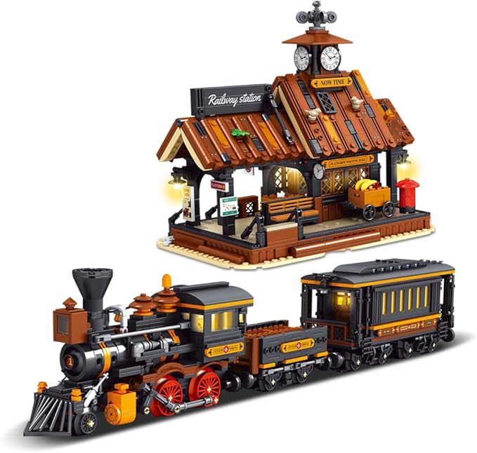 39117 Cowboy City Train Station Building Blocks with LED Lights 2640 PCS Western Railway Station &amp Steam Train Model Kit for Adults Wild West Architecture